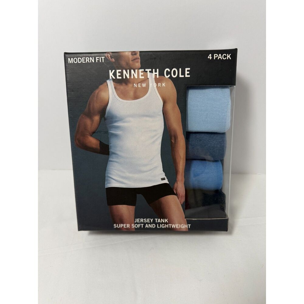 4 Pack Kenneth Cole Modern Fit Mens Jersey Tanks. SZ Sm Shades of Blue New/Box
